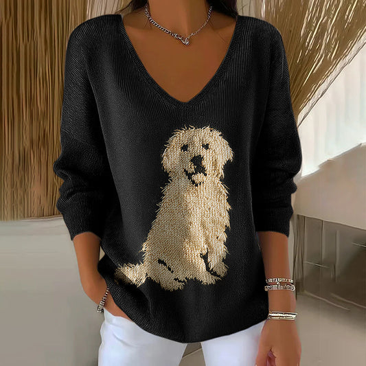 Classic Fuzzy Golden Retriever Dog Felt Art Inspired Embroidered V Neck Cozy Knit Sweater artswardrobe