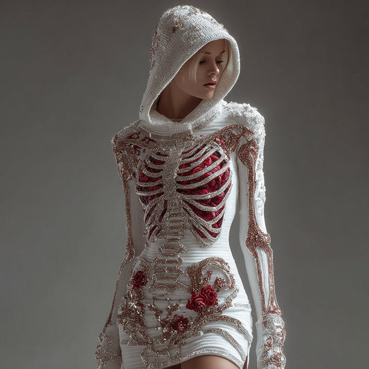 Women's Skeleton Roses Bandages Art Knit Hooded Mini Sweater Dress artswardrobe