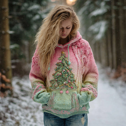 Pearl Christmas Tree Gradient Warm Hooded Sweater artswardrobe