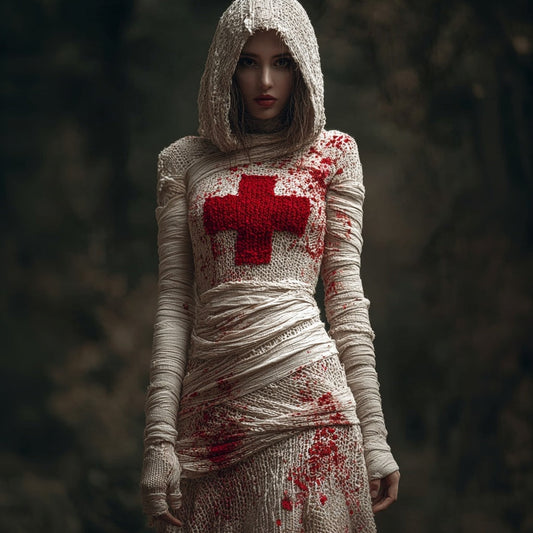 Spooky Bloody Bandages Cross Hooded Sweater Dress artswardrobe