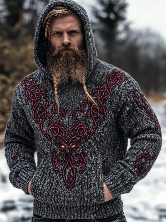 Men's Viking Inspired Embroidered Cozy Chunky Hooded Sweater artswardrobe
