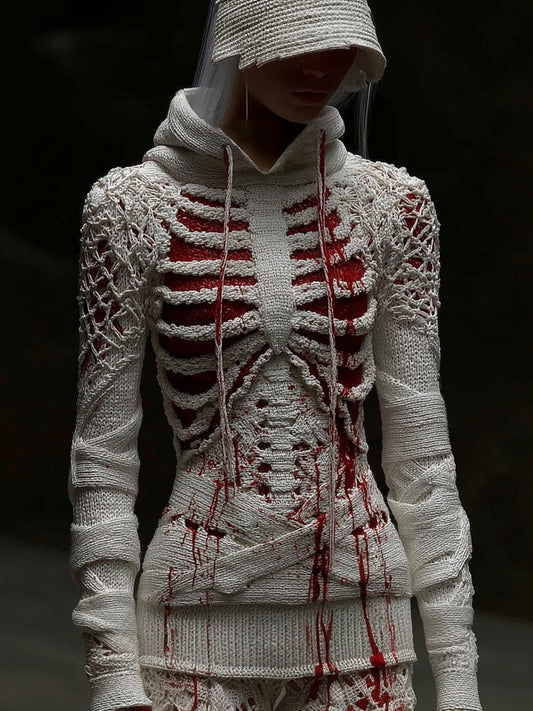 Halloween Bandage Skull Art Slim-fit Knit Hooded Sweater artswardrobe