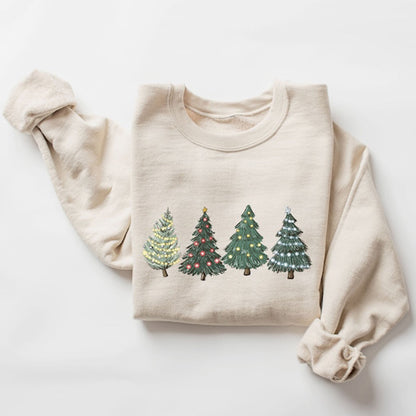 Comstylish Women's Holiday Christmas Tree Print Crew Neck Sweatshirt