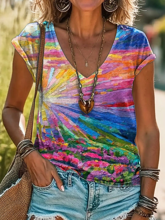 Vintage Floral Art Print 100%Cotton V-neck T-Shirt