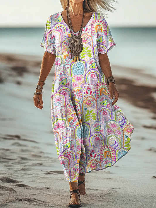 Women's Art Floral Hippie Vintage Print V-Neck Short Sleeve Dress