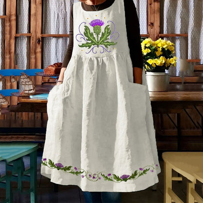Scottish Thistle Embroidered Sleeveless Linen Blend Midi Dress artswardrobe