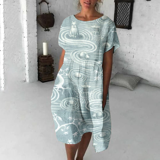 Zen Cats's Garden Japanese Art Linen Blend Loose Casual Midi Dress elevenforest