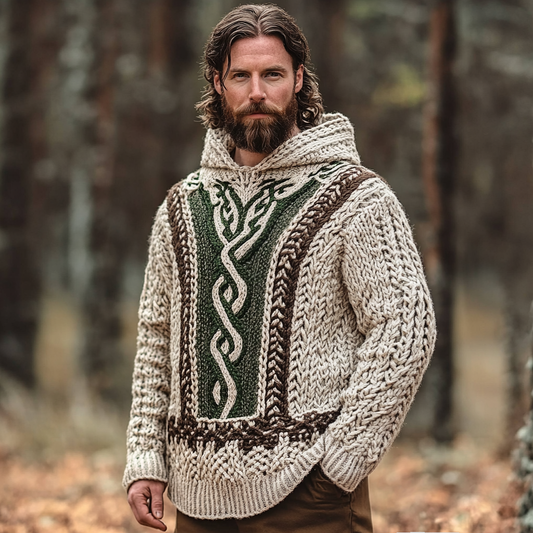 Men's Vintage Celtic Knot Jacquard Aran Hooded Sweater artswardrobe