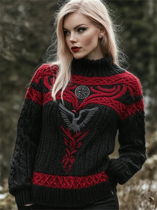 Raven Viking Vegvisir Embroidered Celtic Contrast Cozy Chunky Sweater artswardrobe