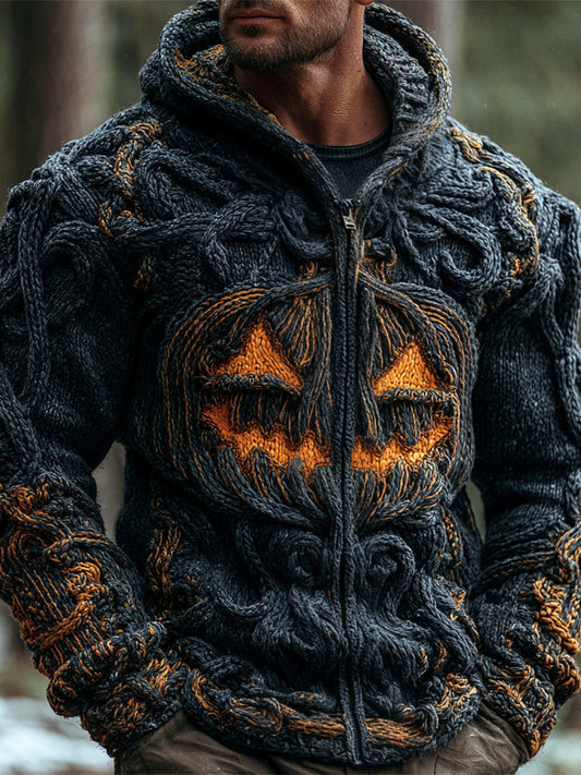 Halloween Pumpkin Emoji Men's Chunky Knit Full Zip Hooded Sweater artswardrobe