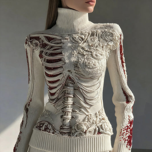 Women's Vintage Halloween Skull Sequin Art Knitted Turtleneck Sweater artswardrobe