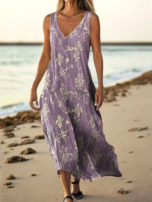 Women's Folk Art Floral Print V-neck Sleeveless Pocket Cotton Dress