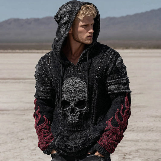 Men's Retro Skull And Flame Inspired Knitted Cozy Hooded Sweater artswardrobe