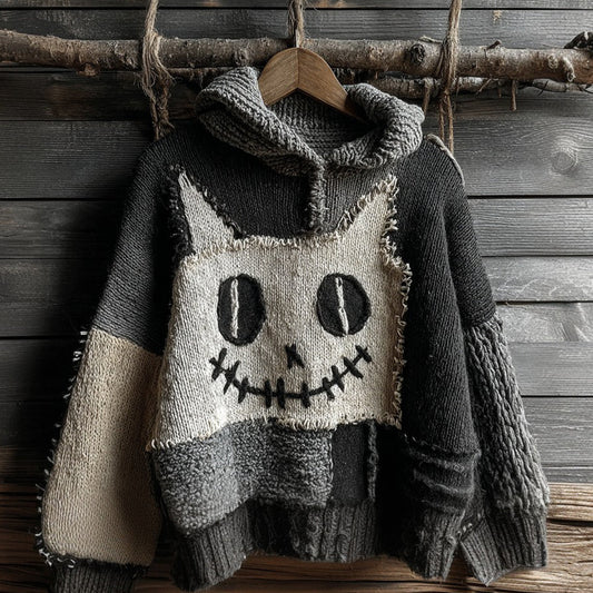 Halloween Cat Spooky Face Contrast Stitched Cozy Knit Hooded Sweater artswardrobe