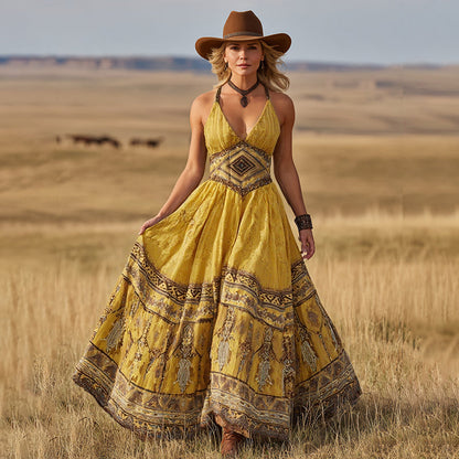 Women's Vintage Western Print Suspender Maxi Dress artswardrobe
