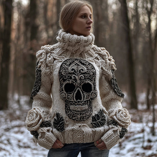 Women's Vintage Patterned Skull And Rose High-neck Sweater artswardrobe