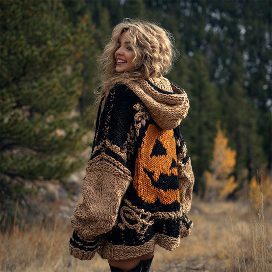 Halloween Spooky Pumpkin Lights Women's Chunky Knit Hooded Cardigan artswardrobe