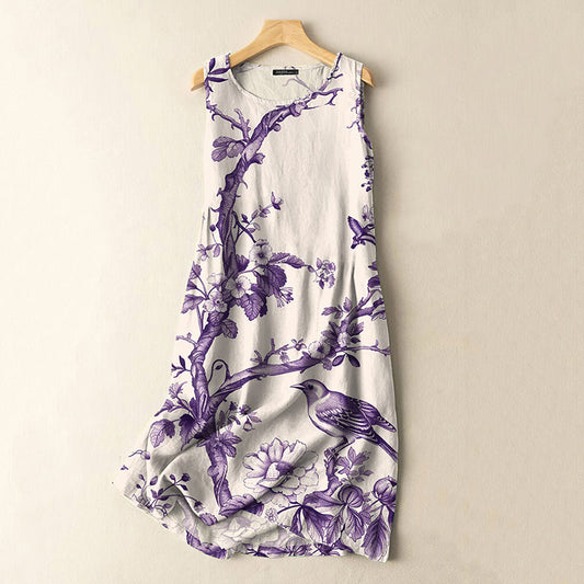 Comstylish Vintage Japanese Flowers And Birds Print Sleeveless Cotton And Linen Midi Dress