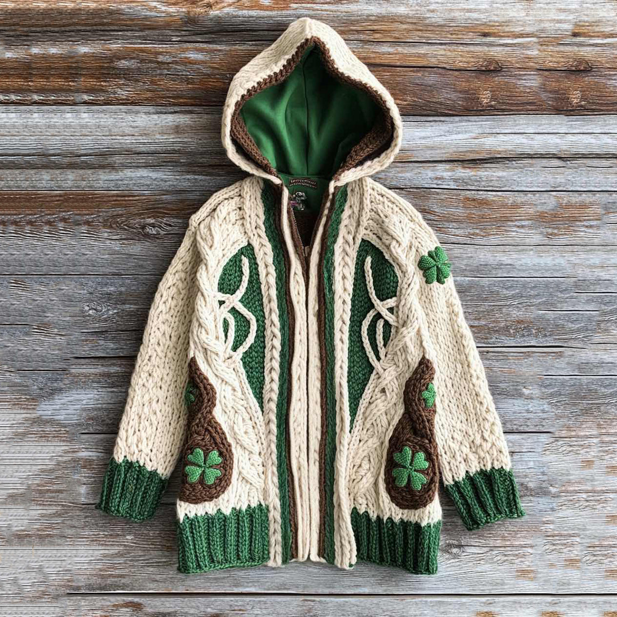 Women's Vintage Knit Four Leaf Clover Jacquard Hoodie Cardigan elevenforest