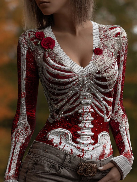Classy Skeleton Bloody Roses V Neck Comfy Sweater artswardrobe