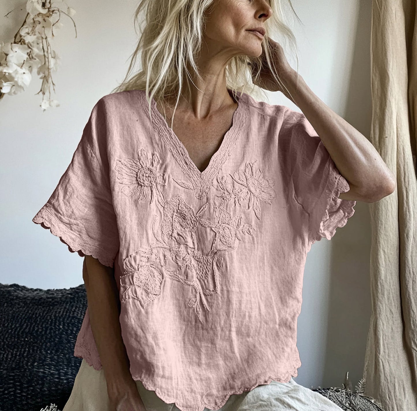 Comstylish Vintage Floral Art Cotton Linen Comfy Shirt