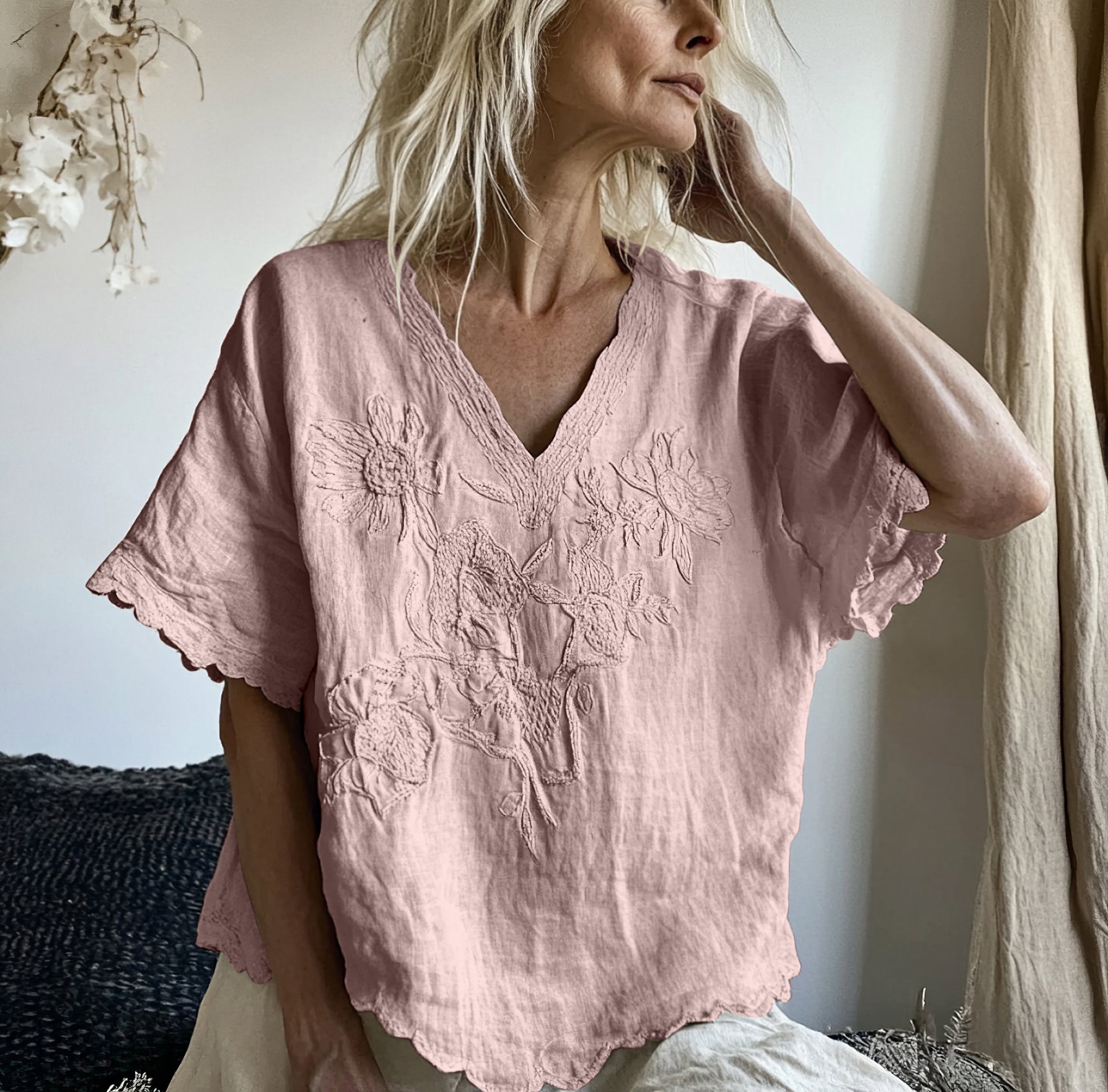 Comstylish Vintage Floral Art Cotton Linen Comfy Shirt