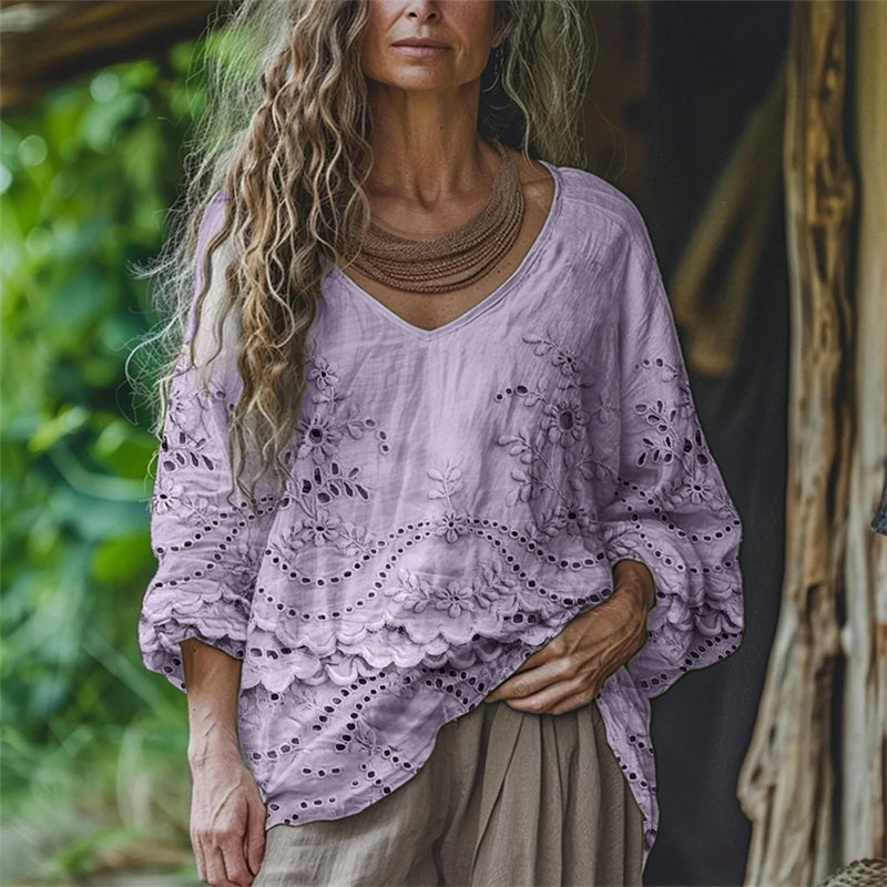 Comstylish Cottage Floral Embroidered Lace Flowy Linen Tunic