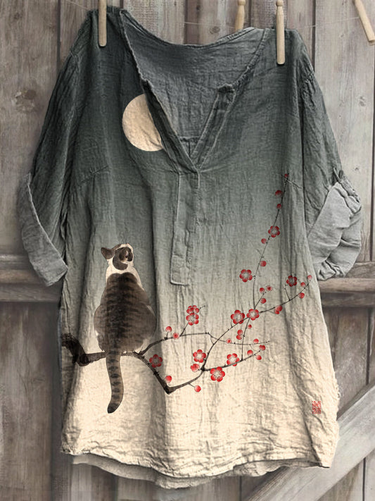 Cat & Plum Blossom Print Cozy Cotton Linen Shirt elevenforest