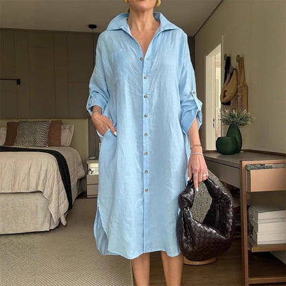Casual Long Sleeve Linen Shirt Dress artswardrobe
