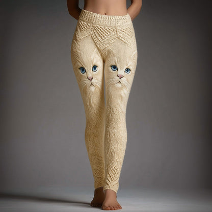 Comstylish Cute Cat Face Embroidered Cozy Knit Leggings