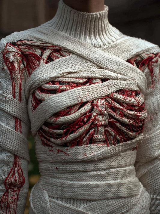 Vintage Halloween Skeleton Bandage Art Cozy Turtleneck Sweater artswardrobe