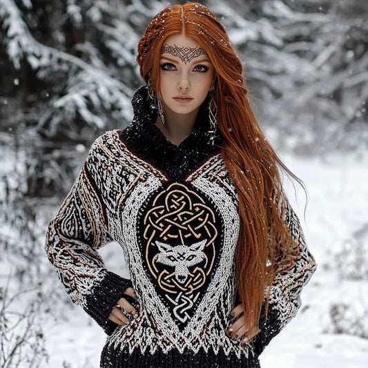 Women's Viking Wolf Jacquard Celtic Style Knitted Hooded Sweater artswardrobe