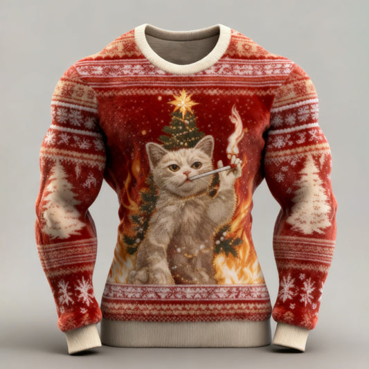 Comstylish Men's Fun Christmas Cat Comfortable Crew Neck Plush Sweatshirt