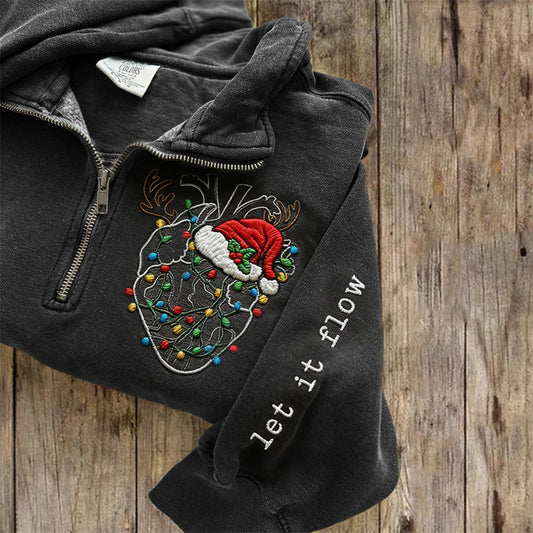 Comstylish Funny Christmas Heart Let It Flow Embroidered Zip Up Sweatshirt