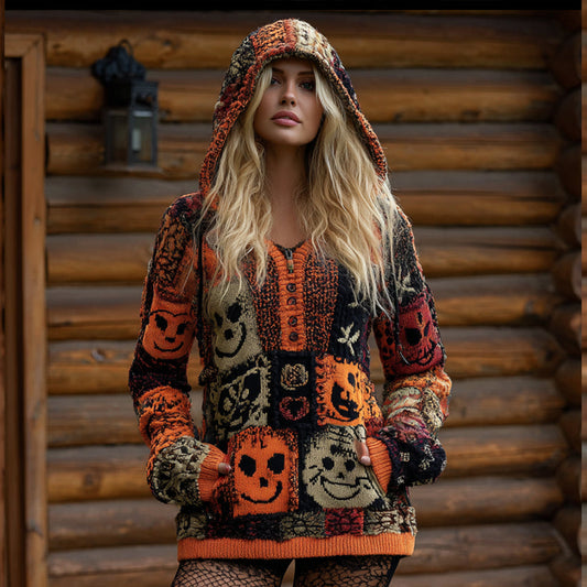 Halloween Patchwork Hooded Casual Knitted Top artswardrobe