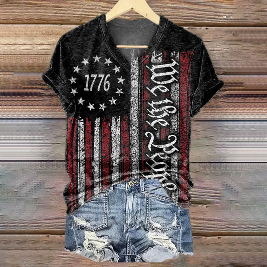 Women's 1776 Pattern Art Print V-Neck Casual T-Shirt