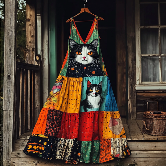 Comstylish Womens Pop Art Cat Casual V Neck Dress