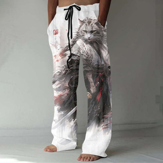 Vintage Japanese Kimono Samurai Cool Cat Ink Art Linen Blend Cozy Pants elevenforest