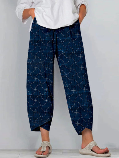 Comstylish Japanese Sashiko Geometric Art Cropped Casual Pants