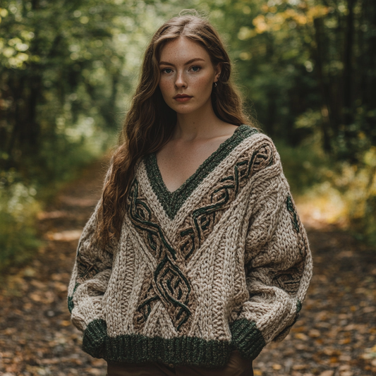Vintage Irish Celtic Knot Jacquard V-neck Knit Sweater artswardrobe