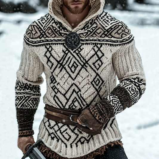Men's Viking Tribal Pattern Jacquard Celtic Cozy Hooded Sweater artswardrobe