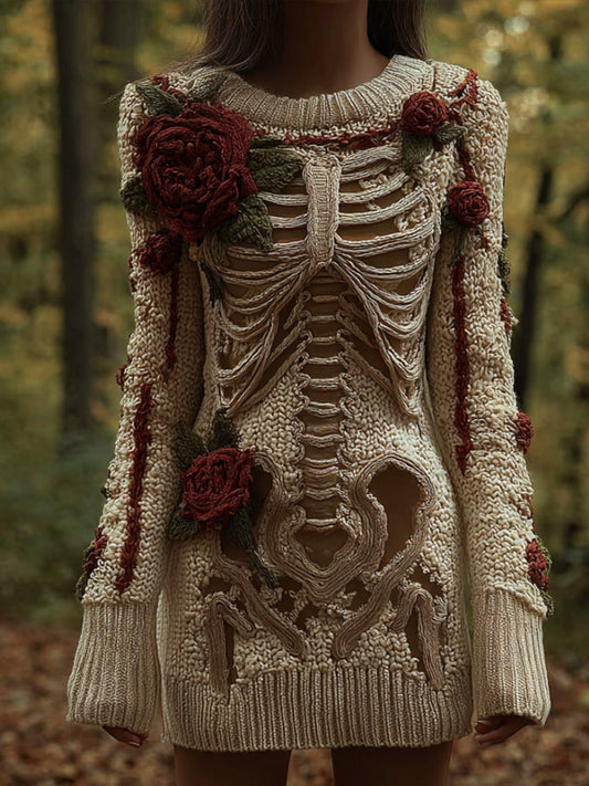 Women's Halloween Skeleton Art Red Rose Embroidery Vintage Round Neck Sweater artswardrobe