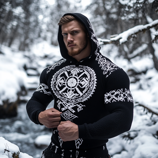Men's Viking Tribal Celtic Contrast Cozy Knit Hooded Sweater artswardrobe