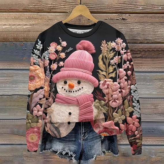 Comstylish Women's Christmas Snowman Art Print Crew Neck Embroidered Casual Sweatshirt