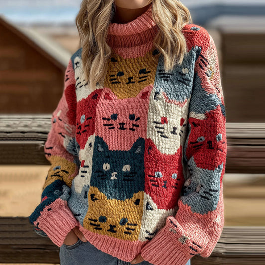 Colorful Cat Embroidered Art Cozy Knitted Turtleneck Sweater artswardrobe