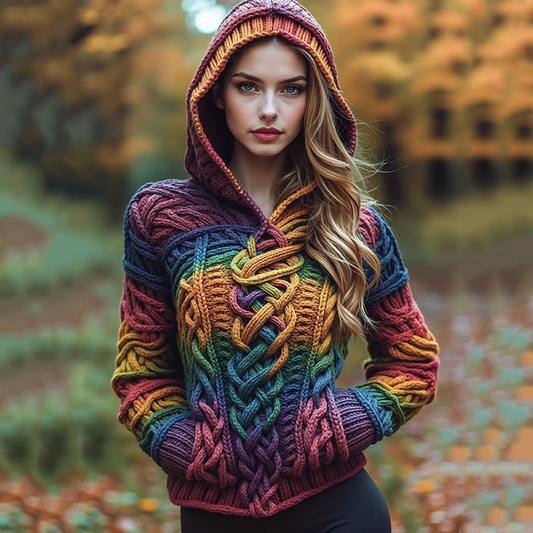 Irish Rainbow Kettle Knot Pattern Jacquard Cozy Hooded Sweater artswardrobe