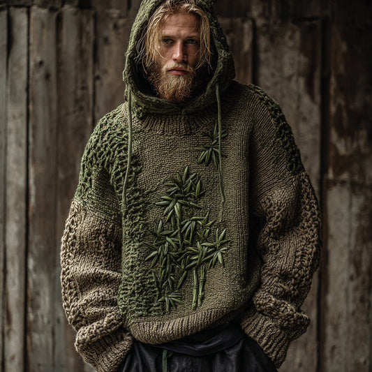 Men's Vintage Bamboo Embroidery Art Cozy Hooded Sweater artswardrobe