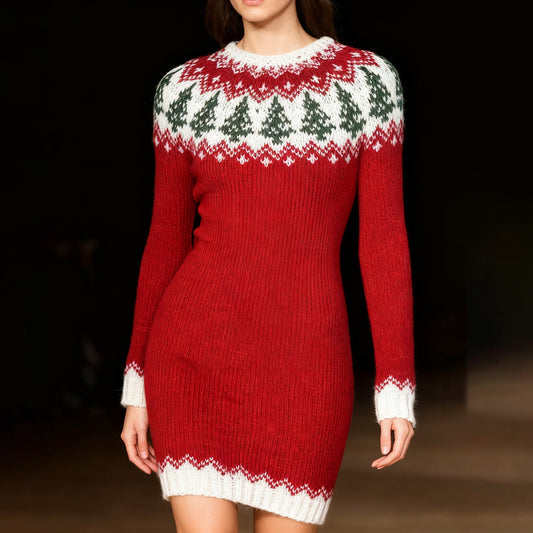 Women's Vintage Christmas Tree Art Cozy Knit Mini Sweater Dress artswardrobe