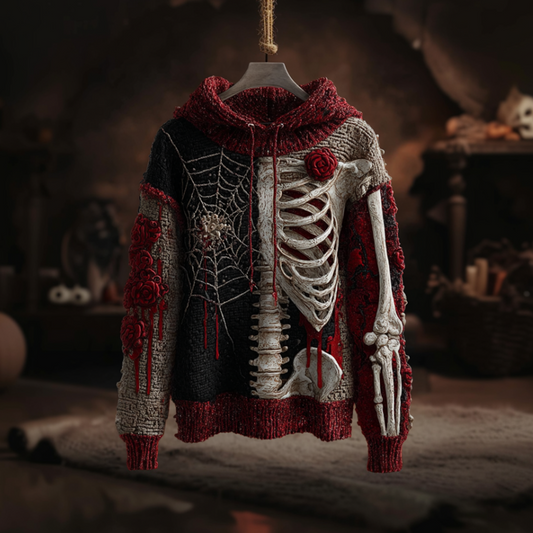 Halloween Spider And Skeleton Skeleton Design Men's Hooded Knit Sweater artswardrobe