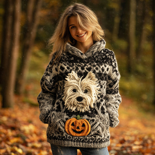 Halloween Plush Pet Dog & Pumpkin Lights Women's Chunky Knit Hooded Sweater artswardrobe